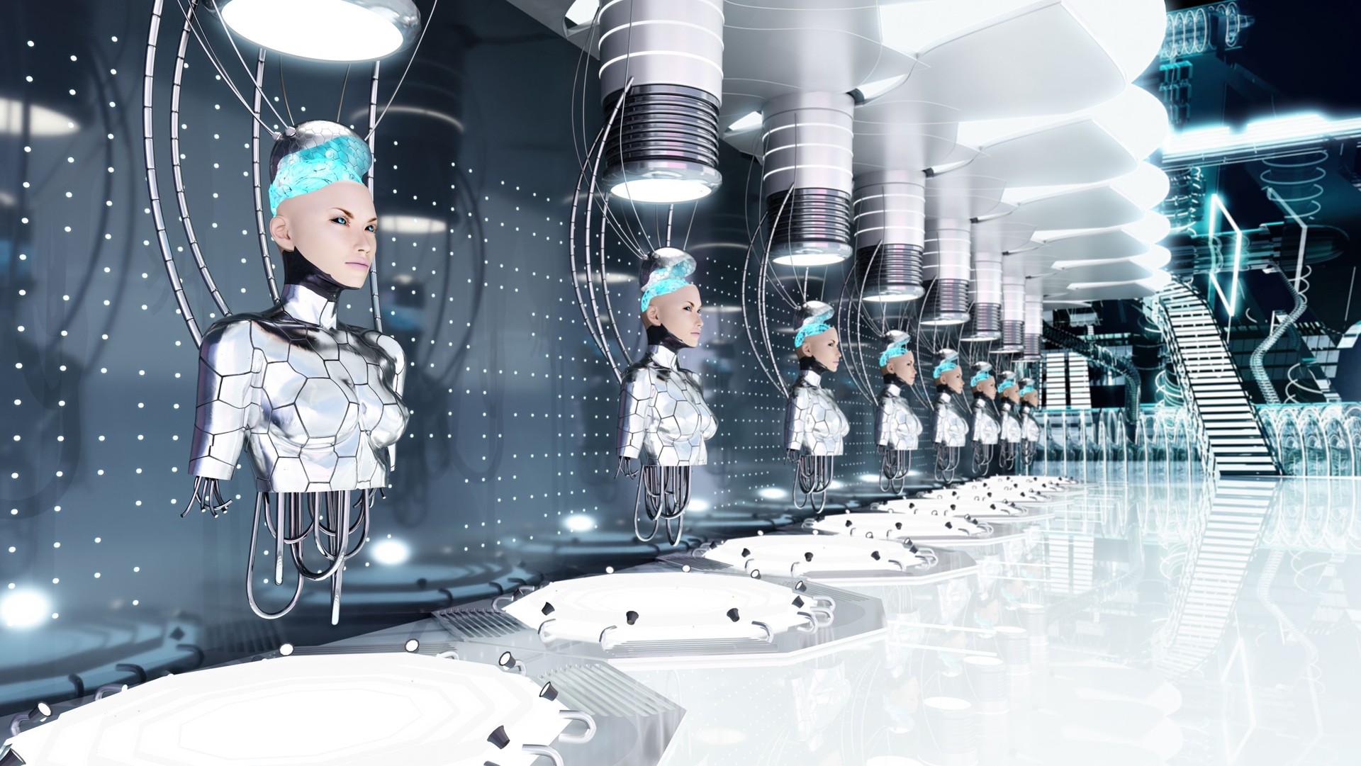 Half bodies of female androids in a row inside a futuristic manifacturing plant