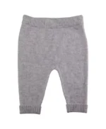 Custom heather grey baby knitted pants, featuring soft-touch fine gauge knit fabric, ribbed elastic waistband, and comfortable ankle cuffs. Premium infant knitwear trousers from a professional OEM/ODM clothing manufacturer.