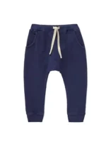 Custom navy blue baby joggers, featuring a relaxed harem fit, natural cotton drawstring