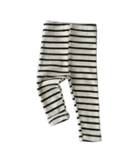 Custom black and white striped baby leggings, featuring classic horizontal stripes, high-stretch soft cotton jersey, and comfortable elastic waistband. Professional infant footless leggings from an OEM/ODM clothing manufacturer.