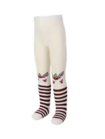 Custom cream baby tights featuring stripe and polka dot patterns, with cute fox embroidery on the legs, soft cotton knit infant pantyhose from a professional OEM/ODM manufacturer.
