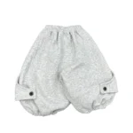 Custom heather grey baby bubble bloomers, featuring soft sweatshirt fabric, elegant button-tab leg openings, and a comfortable elastic waistband. High-quality infant diaper cover shorts from a professional OEM/ODM manufacturer.