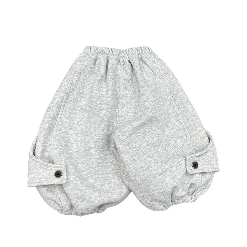 Custom heather grey baby bubble bloomers, featuring soft sweatshirt fabric, elegant button-tab leg openings, and a comfortable elastic waistband. High-quality infant diaper cover shorts from a professional OEM/ODM manufacturer.