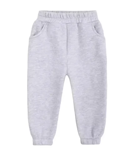 Custom heather grey baby joggers, featuring soft cotton sweatshirt fabric, durable elastic waistband, and cuffed leg openings. High-quality infant sweatpants from a professional OEM/ODM clothing manufacturer in China.