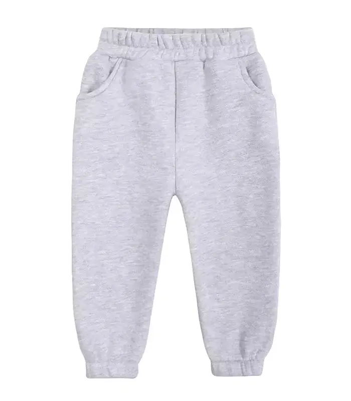 Custom heather grey baby joggers, featuring soft cotton sweatshirt fabric, durable elastic waistband, and cuffed leg openings. High-quality infant sweatpants from a professional OEM/ODM clothing manufacturer in China.