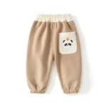 Custom khaki baby joggers featuring a contrast cream waistband and cute panda embroidery on the pocket, soft cotton fleece infant sweatpants from a professional OEM/ODM clothing manufacturer.