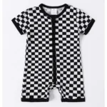 Custom black and white checkerboard baby romper, featuring a trendy grid print, full-length front zipper, and short sleeves. High-quality infant sunsuit from a professional OEM/ODM clothing manufacturer.