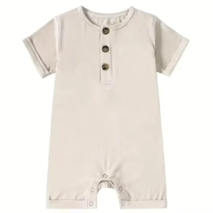 Custom beige baby romper, featuring short sleeves, front wood-look buttons, and snap closure for easy diaper changes. Premium soft cotton infant sunsuit from a professional OEM/ODM clothing manufacturer.