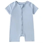 Custom baby blue romper, featuring a convenient full-length front zipper, short sleeves, and protective chin guard. Premium soft cotton infant sunsuit from a professional OEM/ODM clothing manufacturer.