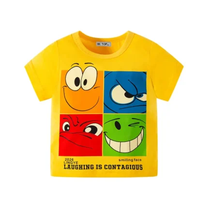 Custom bright yellow boys T-shirt with vibrant four-panel cartoon face print, trendy kids graphic cotton tee, professional OEM/ODM children's clothing manufacturer in China.