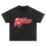 Washed charcoal grey boys' oversized T-shirt with red vintage varsity "Pointers" print, heavyweight boxy tee construction from a professional kids streetwear manufacturer.