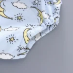 Detail of custom baby training pants leg opening, featuring soft elastic binding, high-quality durable stitching, cute moon and stars print, premium skin-friendly infant innerwear from a professional OEM/ODM manufacturer.