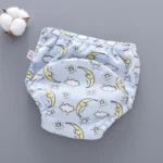 Custom baby training pants with moon and cloud print, washable and reusable cloth diaper, premium absorbent toddler potty training underwear, high-quality infant essentials from a professional OEM/ODM manufacturer.