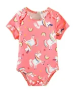Custom coral pink baby bodysuit with unicorn and rainbow all-over print, featuring flexible envelope neckline, high-quality soft cotton infant onesie from a professional OEM/ODM manufacturer in China.