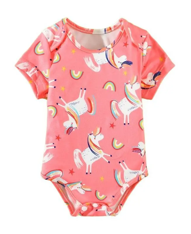 Custom coral pink baby bodysuit with unicorn and rainbow all-over print, featuring flexible envelope neckline, high-quality soft cotton infant onesie from a professional OEM/ODM manufacturer in China.