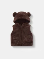 Custom dark brown baby sherpa fleece vest, featuring an adorable bear-ear hood and ultra-soft plush fabric, cozy winter infant gilet from a professional OEM/ODM clothing manufacturer in China