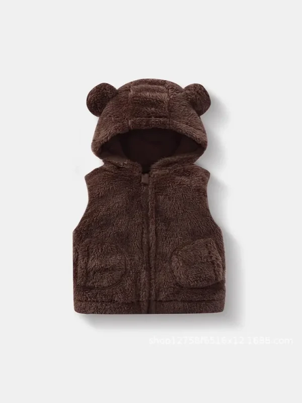 Custom dark brown baby sherpa fleece vest, featuring an adorable bear-ear hood and ultra-soft plush fabric, cozy winter infant gilet from a professional OEM/ODM clothing manufacturer in China