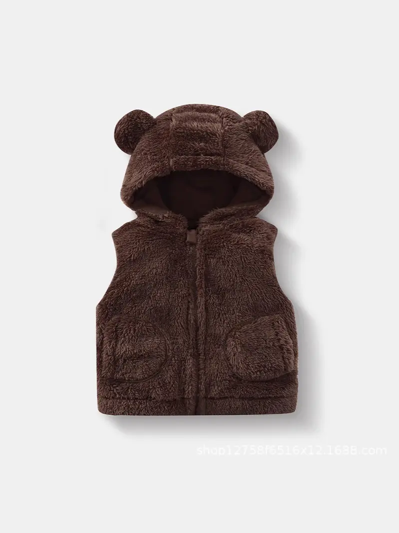 Custom dark brown baby sherpa fleece vest, featuring an adorable bear-ear hood and ultra-soft plush fabric, cozy winter infant gilet from a professional OEM/ODM clothing manufacturer in China