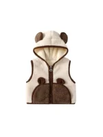 Custom cream and brown color-block baby vest, featuring soft sherpa fleece fabric, adorable bear-ear hood, and warm winter infant gilet from a professional OEM/ODM clothing manufacturer in China.