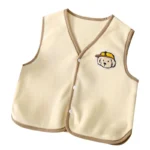 Custom cream baby V-neck vest, featuring brown contrast binding, elegant button-down cardigan style, and a cute puppy embroidery. High-quality soft cotton infant gilet from a professional OEM/ODM clothing manufacturer.
