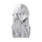 Custom heather grey baby hooded vest, featuring soft cotton sweatshirt fabric, elegant sailboat embroidery, and smooth zipper closure. High-quality sleeveless infant hoodie from a professional OEM/ODM manufacturer in China.