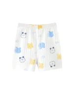 Custom white baby shorts with all-over bear print, featuring soft blue and yellow animal patterns, elastic waistband, and breathable cotton jersey. High-quality infant unisex summer bottoms from an expert OEM/ODM clothing manufacturer.