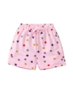 Custom pink baby shorts with multi-colored polka dots, featuring a comfortable elastic waistband, soft cotton jersey fabric, and vibrant all-over print. Premium infant girl's summer bottoms from an expert OEM/ODM clothing manufacturer.