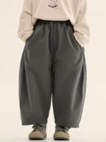 Custom dark grey boys' wide leg pants, stylish oversized harem trousers for kids, professional OEM/ODM boys' clothing manufacturer in China.