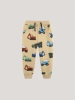 Custom khaki boys' joggers with all-over construction vehicle print, featuring excavators and bulldozers, soft cotton kids' sweatpants from a professional OEM/ODM manufacturer.