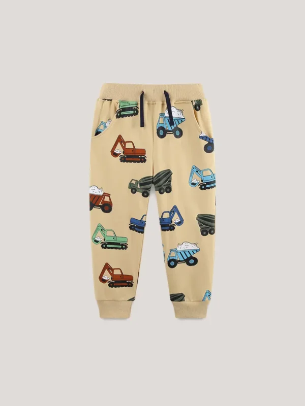 Custom khaki boys' joggers with all-over construction vehicle print, featuring excavators and bulldozers, soft cotton kids' sweatpants from a professional OEM/ODM manufacturer.
