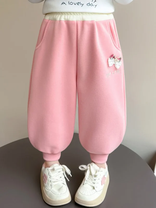 Custom pink girls' harem pants with cherry embroidery, comfortable elastic waist kids' trousers, professional OEM/ODM children's clothing manufacturer.