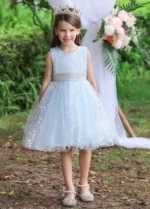 Custom light blue girls' princess dress with sparkly sequins, elegant sleeveless flower girl dress with glitter tulle, professional OEM/ODM children's formal wear manufacturer in China.