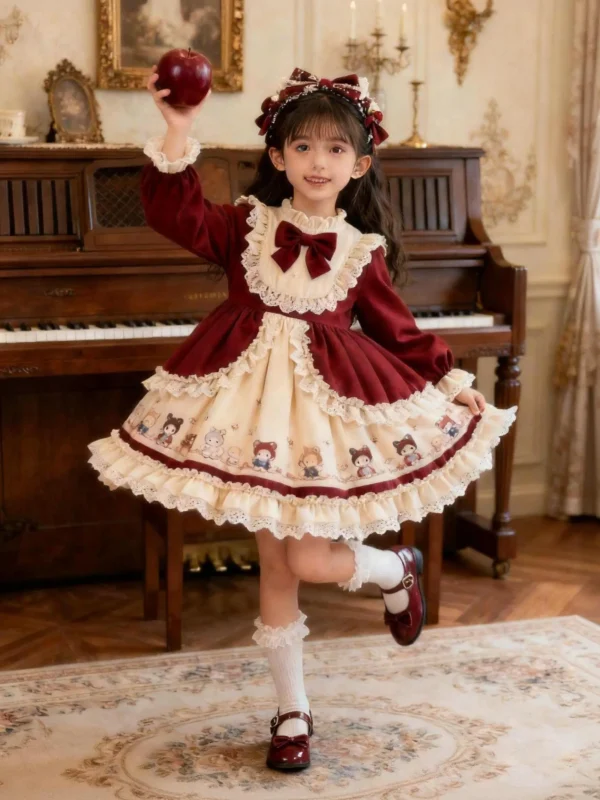 Custom Lolita style girls' dress in burgundy velvet with lace trim, stylish pleated skirts for kids, professional OEM/ODM children's clothing manufacturer in China.