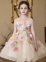 Custom 3D floral appliqué girls' dress, elegant flower girl ball gown with embroidered petals, professional OEM/ODM kids' formal wear manufacturer in China.
