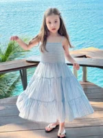 Custom light blue girls' tiered maxi dress, elegant sleeveless pleated sundress for kids, professional OEM/ODM children's clothing manufacturer in China.