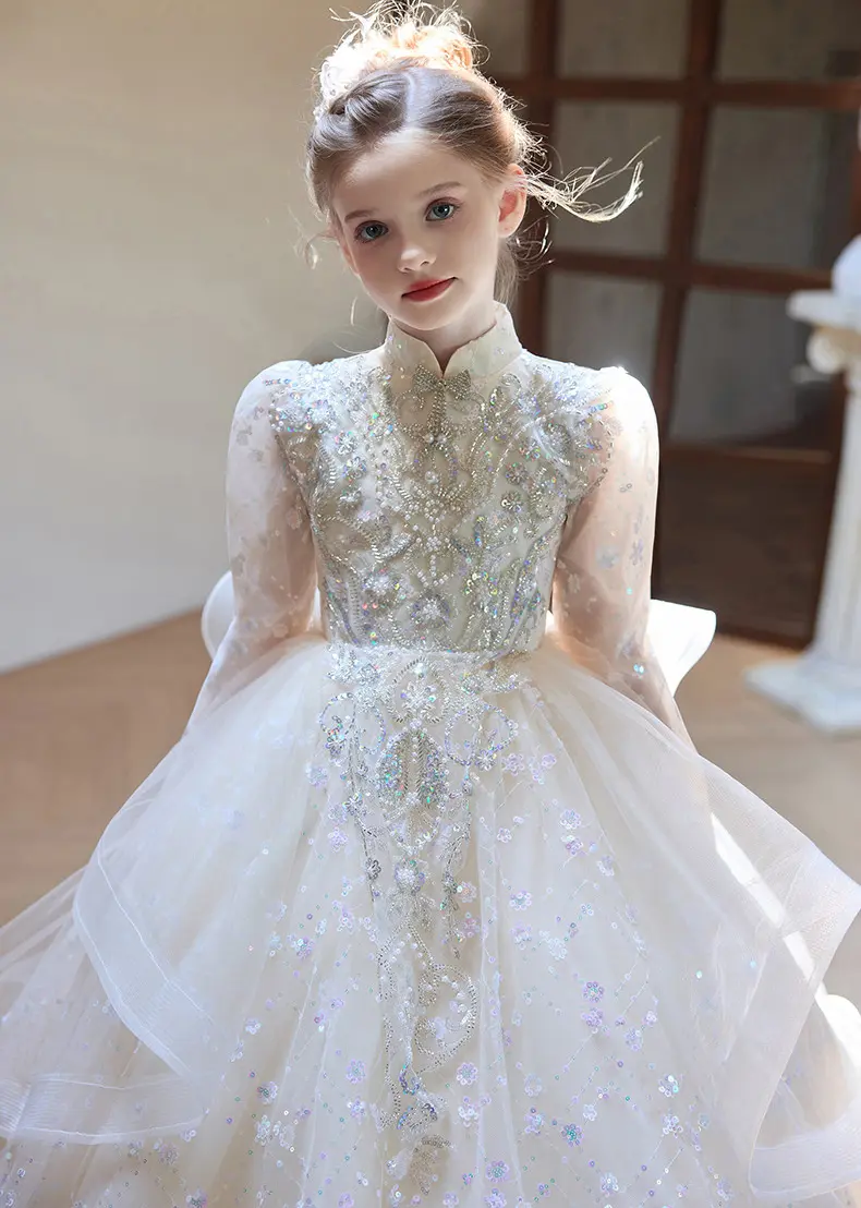 Custom luxury girls' princess ball gown with sequin embroidery, elegant long sleeve flower girl dress, professional OEM/ODM children's formal wear manufacturer in China.