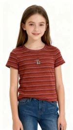 Custom girls' striped T-shirt in rust red and navy, yarn-dyed ribbed cotton baby tee, professional OEM/ODM kids apparel factory in China, fitted silhouette short sleeve tee.