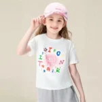 Custom white girls' T-shirt with colorful graphic lettering print, short sleeve kids' cotton tee, professional OEM/ODM children's apparel manufacturer in China.