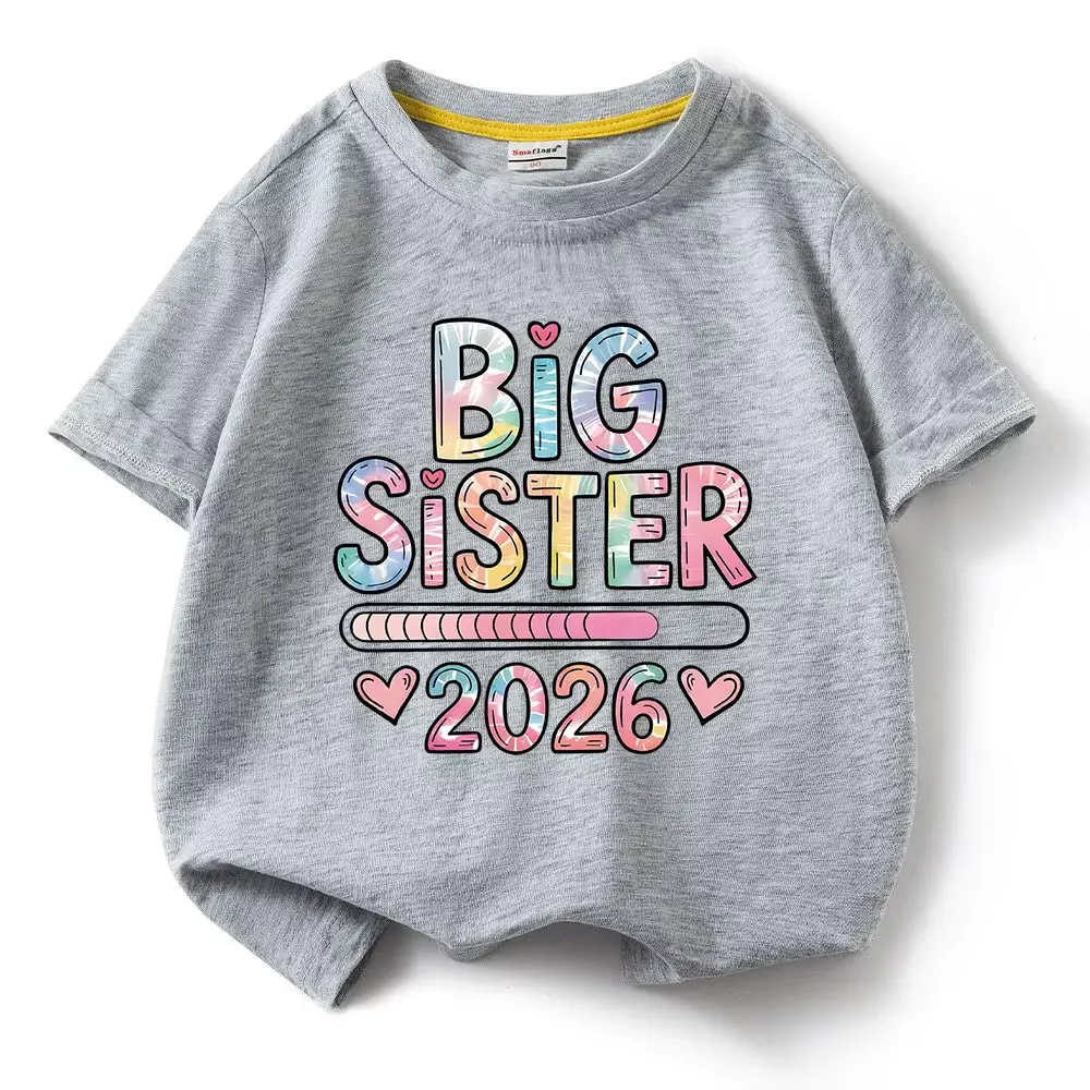 Custom heather grey girls' T-shirt with colorful "Big Sister 2026" graphic print, oversized cotton tee, professional OEM/ODM children's apparel manufacturer in China.