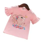 Custom pink girls' T-shirt with ruffle sleeves, cute bunny graphic print, short sleeve kids' cotton tee, professional OEM/ODM children's clothing manufacturer