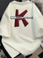 Custom white mens T-shirt with high-density letter K embroidery, premium 3D puff embroidered baseball bat, high-quality heavy cotton tee from a professional OEM/ODM garment manufacturer.