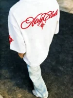 Custom white mens T-shirt with red gothic lettering print on back, stylish star graphic streetwear tee, high-quality heavyweight cotton apparel from a professional OEM/ODM garment manufacturer.