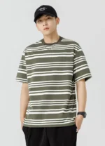 Custom olive green striped T-shirt for men, yarn-dyed horizontal stripe tee, high-quality oversized casual apparel from a professional OEM/ODM garment manufacturer.