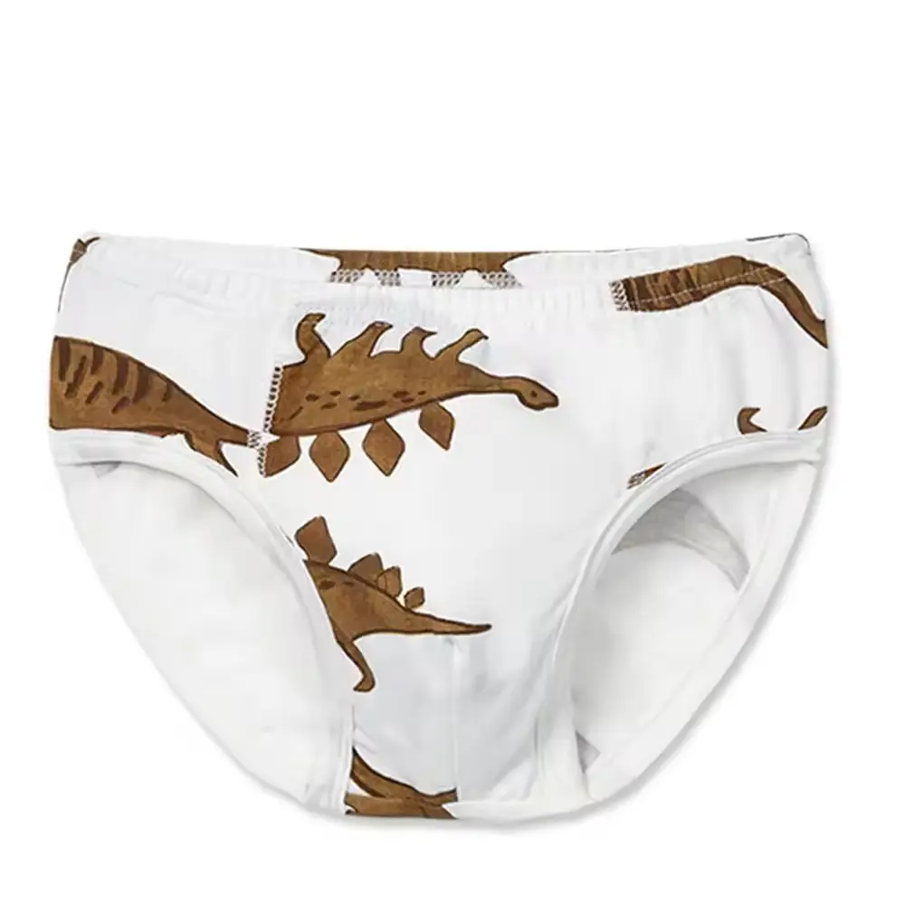 Custom baby girl pink briefs with cartoon print and boys white dinosaur pattern underwear, high-quality 100% combed cotton toddler panties, safe and breathable children's innerwear from a professional OEM/ODM manufacturer.
