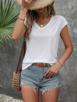 Custom white womens V-neck T-shirt with cap sleeves, elegant summer casual tee, high-quality soft cotton-modal blend apparel from a professional OEM/ODM garment manufacturer in China.