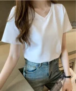 Custom white womens V-neck T-shirt, elegant short sleeve slim fit tee, premium breathable cotton basics from a professional OEM/ODM ladies' apparel manufacturer in China.