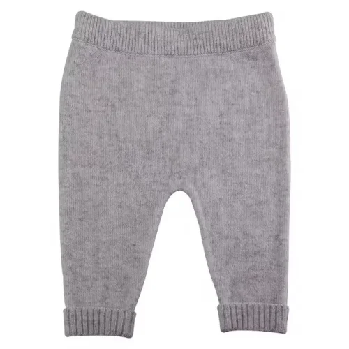 Custom heather grey baby knitted pants, featuring soft-touch fine gauge knit fabric, ribbed elastic waistband, and comfortable ankle cuffs. Premium infant knitwear trousers from a professional OEM/ODM clothing manufacturer.