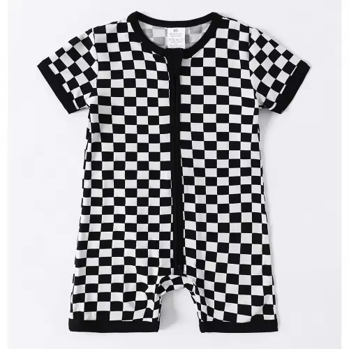 Custom black and white checkerboard baby romper, featuring a trendy grid print, full-length front zipper, and short sleeves. High-quality infant sunsuit from a professional OEM/ODM clothing manufacturer.