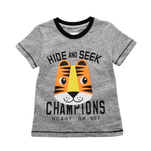 Custom boys black cotton T-shirt and grey tiger graphic tee with contrast collar, high-quality children's casual apparel from a professional OEM/ODM kids clothing manufacturer in China.