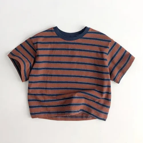 Reinforced shoulder-to-shoulder taping on striped boys' heavyweight T-shirt, premium neck tape for shape retention, durable boxy fit construction from a professional OEM/ODM kids clothing manufacturer.